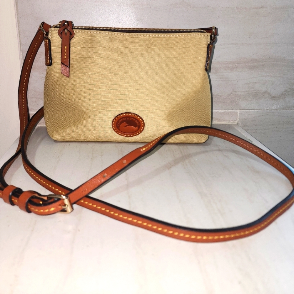 Dooney And Bourke Nylon Leather Pouchette Khaki Brown Crossbody Purse